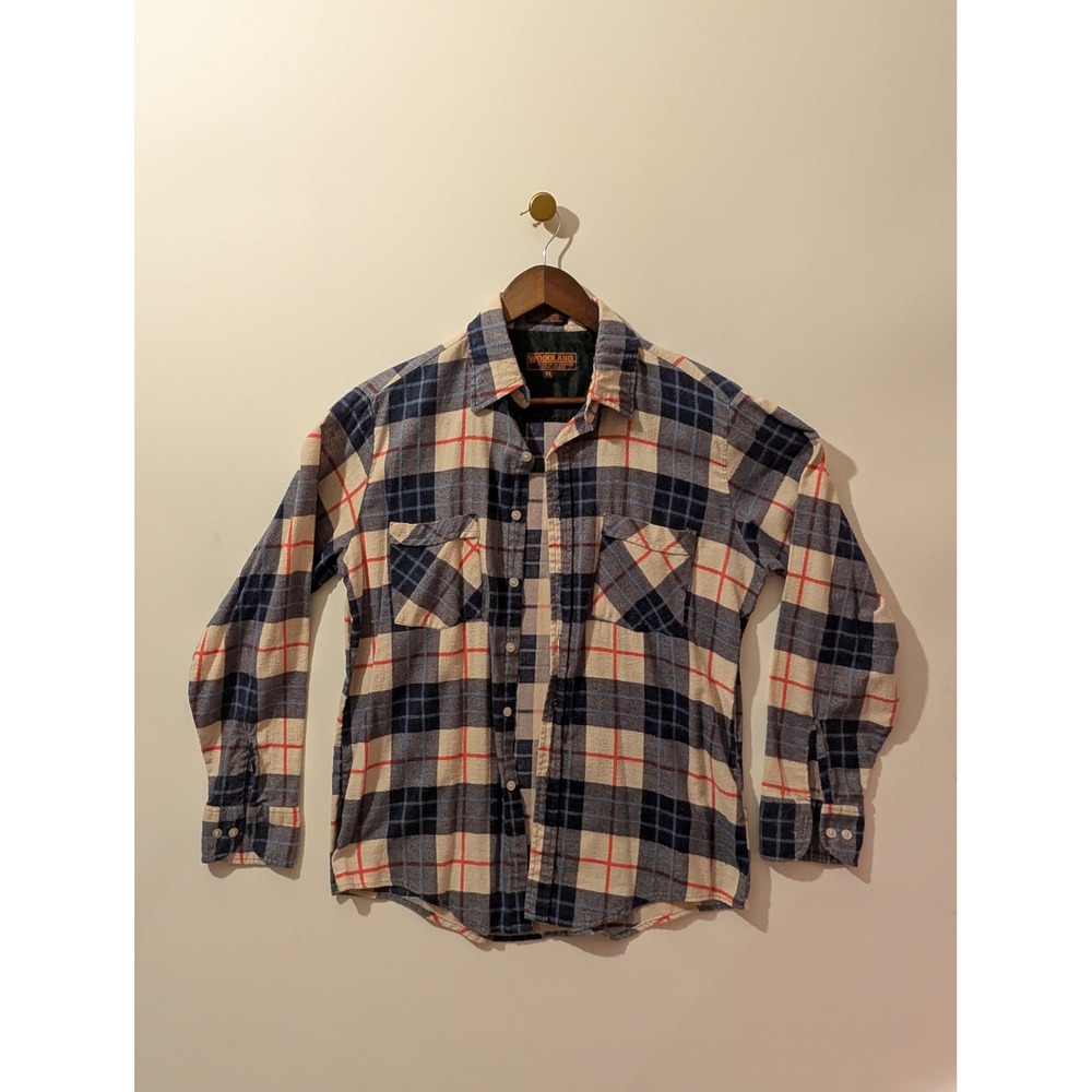Woodland Flannel Shirt Mens M Blue Cream Red Excellent Plaid Button Up Workwear